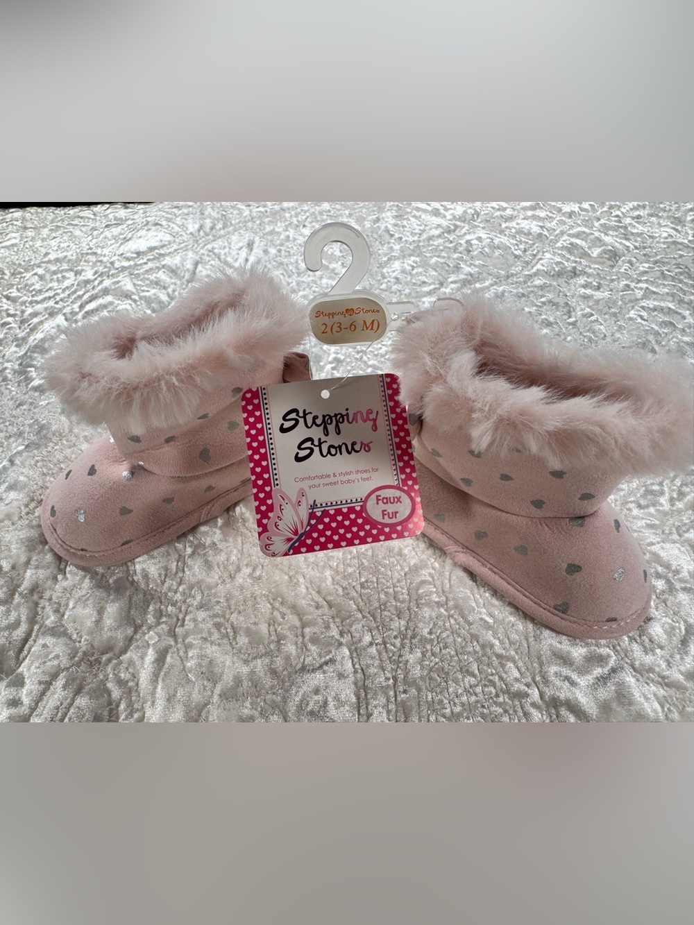 NWT Stepping Stones Baby Walker Faux Fur Pink Heart Booties